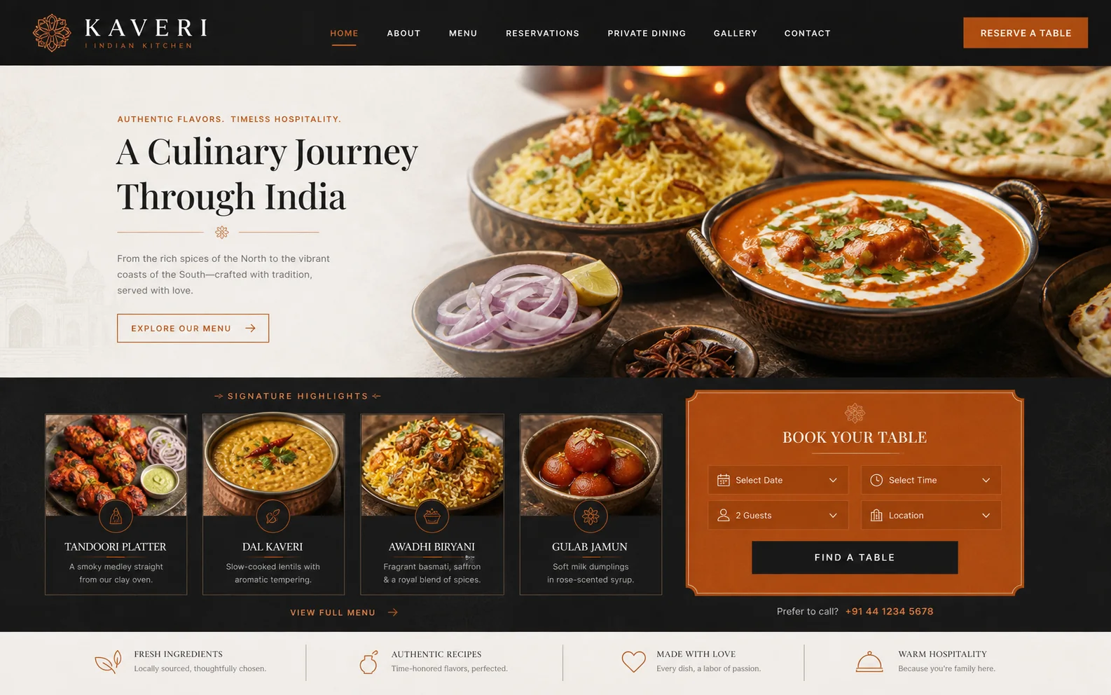 Restaurant website archetype shown directly inside a browser frame